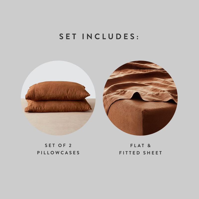 Set includes 2 linen pillowcases with flat and fitted linen sheets, sienna