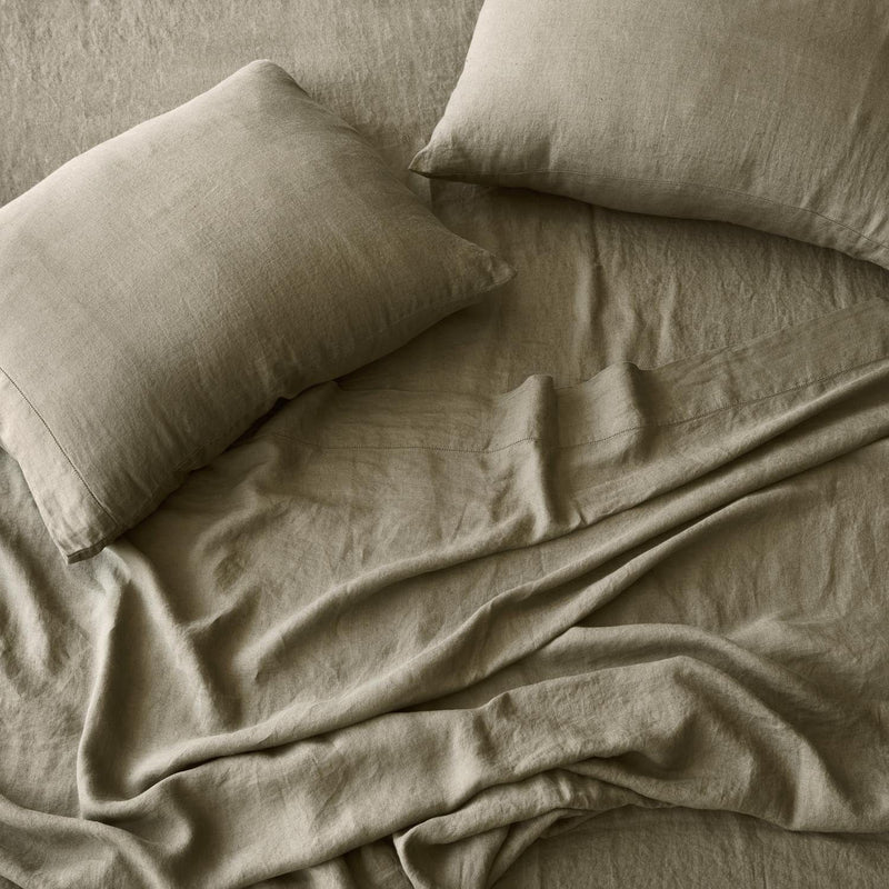Overhead of Olive Linen Pinstripe Sheets and Pillowcases, olive