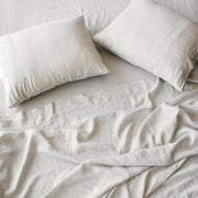Overhead of Beige Linen Pinstripe Sheets and Pillowcases, sand-thin-stripe