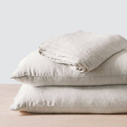 Stack of Sand Striped Linen Bedding, sand-thin-stripe