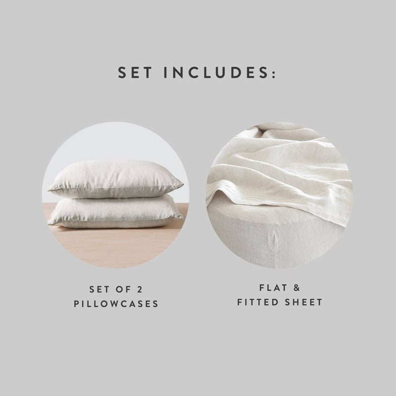 Set Includes 2 Linen Pillowcases with Flat and Fitted Linen Sheets, sand-thin-stripe
