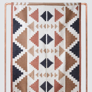 Modern Geometric Area Rug in Desert Tones of Blush and Camel and Indigo, sunset
