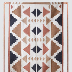 Modern Geometric Area Rug in Desert Tones of Blush and Camel and Indigo, sunset