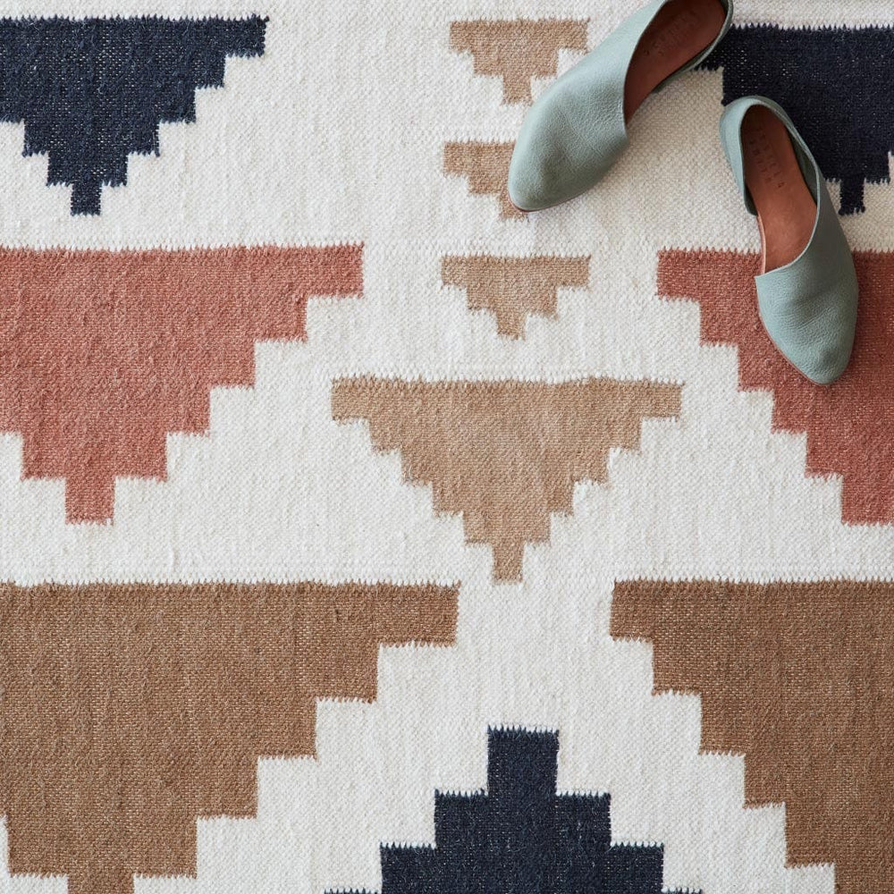 Detail of Multicolor Area Rug in Blush and Camel and Indigo, sunset