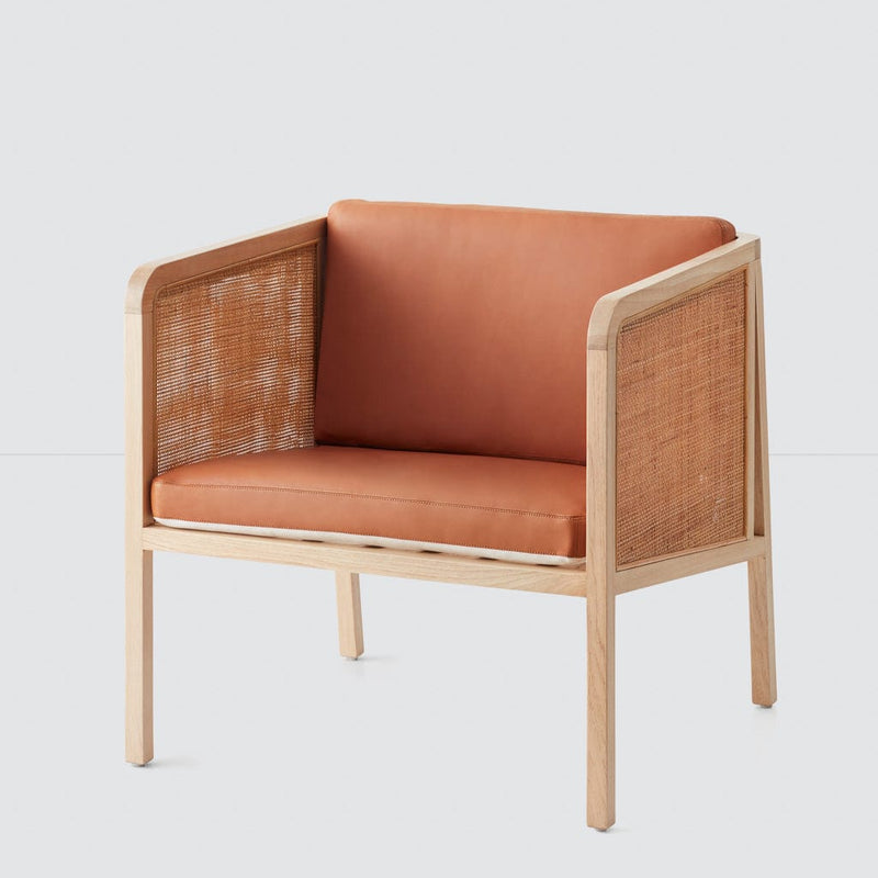 Cane and wood chair with leather cushion, leather-cushion