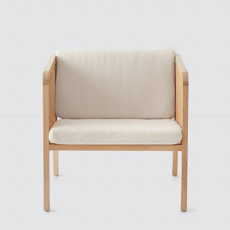 Front of wood and linen cushion chair, linen-cushion