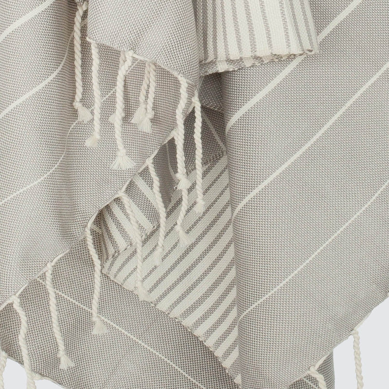 Close up of weave and fringe, stone-grey