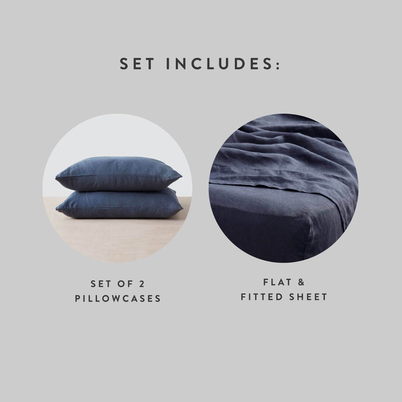 Navy Linen Sheet Set includes Top Sheet with Fitted Sheet and 2 Pillowcases, slate-blue