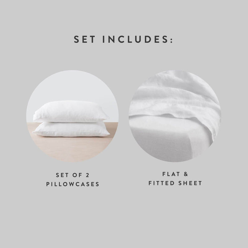 White Linen Sheet Set includes Two Pillowcases with Flat Sheet and Fitted Sheet, white