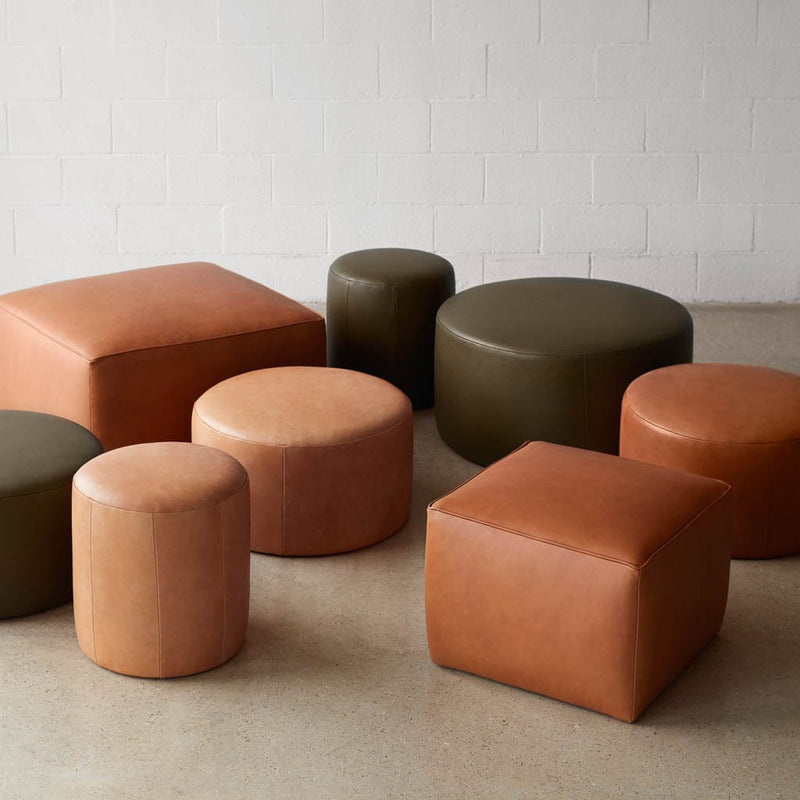 Square and round leather ottoman in various sizes, caramel