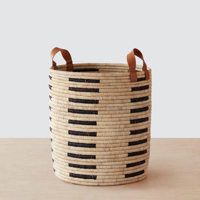 Modern woven basket with leather handles, black-natural