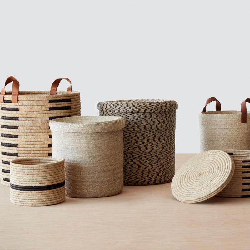 Variety of woven baskets, black-natural