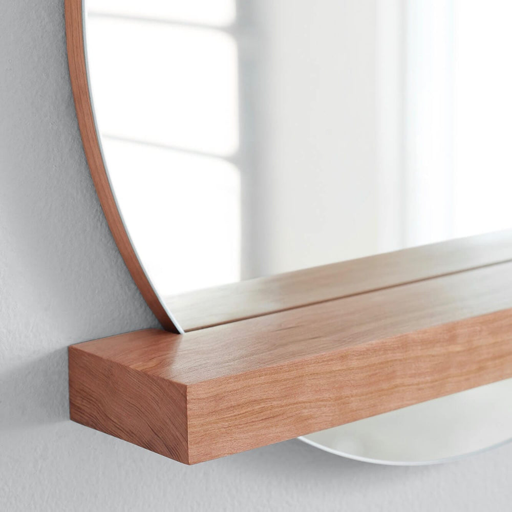 Detail of Modern Wall Mirror with Wood Shelf